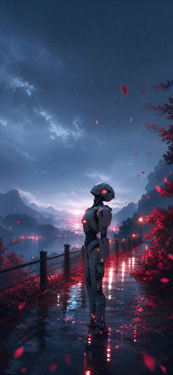 Red Robot Moonlit Valley